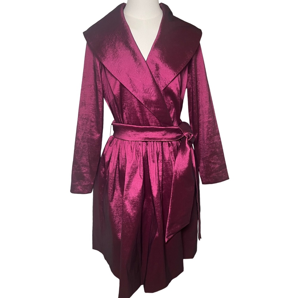 Metallic Magenta Shawl Collar Belted Coat Crinoline Fit Flare Tahari 8